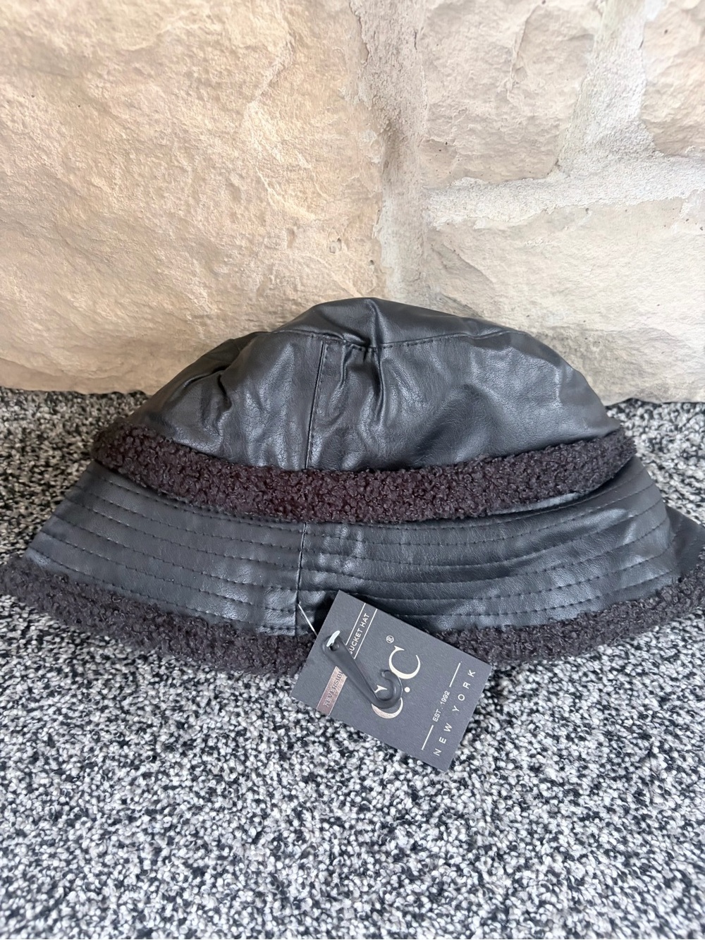 C.C. Boutique Black Faux Leather Sherpa Bucket Hat